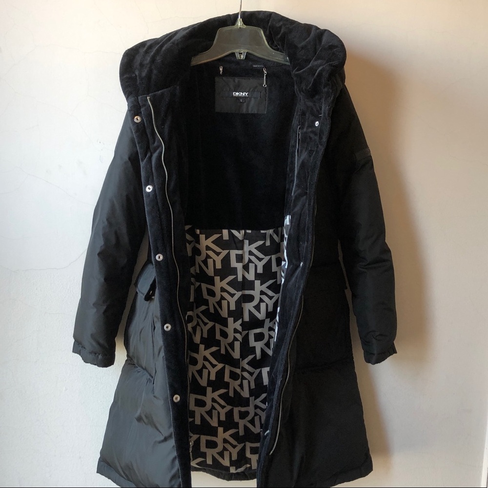 DKNY Black Long Puffer Coat with Logo Lining